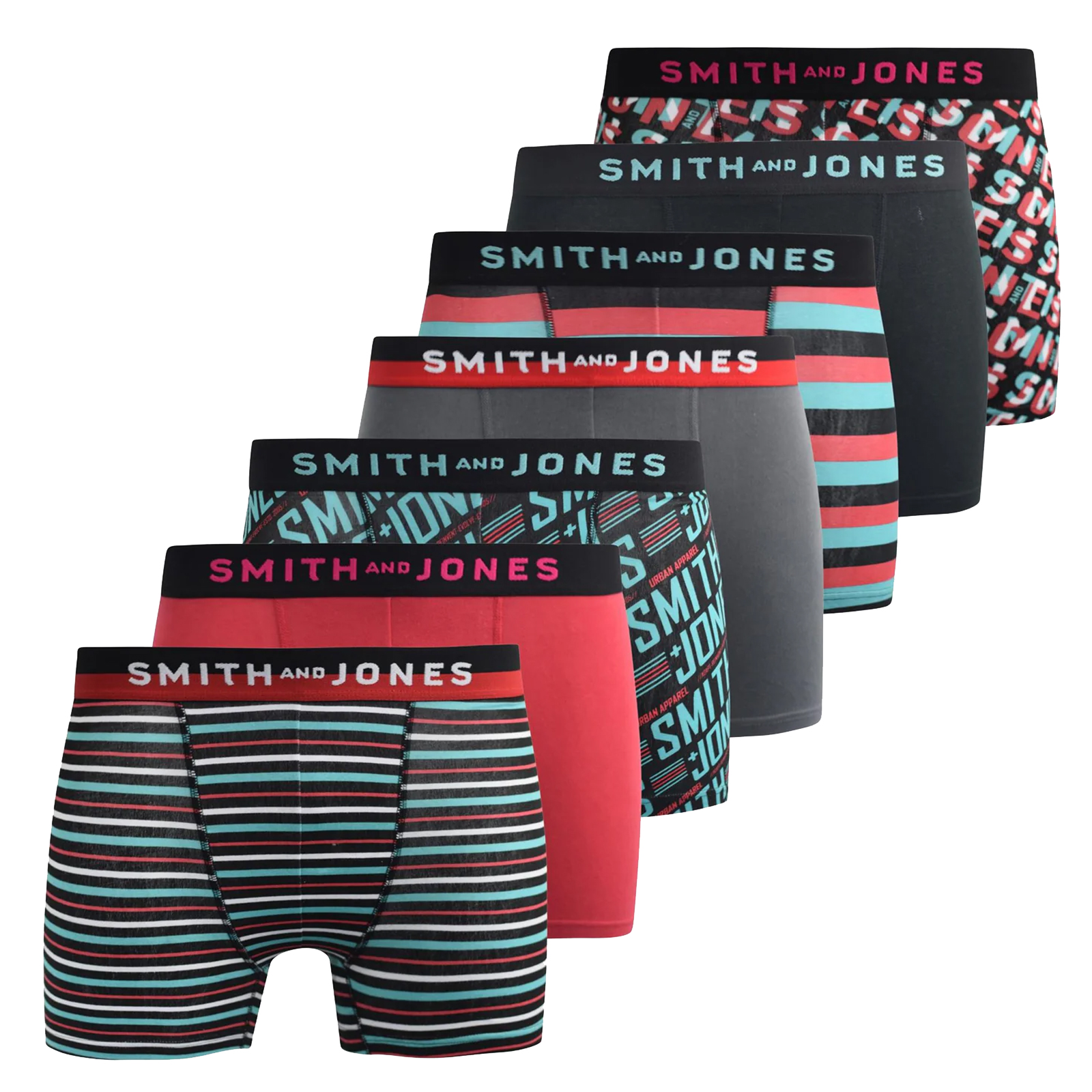 Smith & Jones Taden 7Pk Men's Boxer Shorts  Colour : Black / Red / White / Grey / Green / Pink