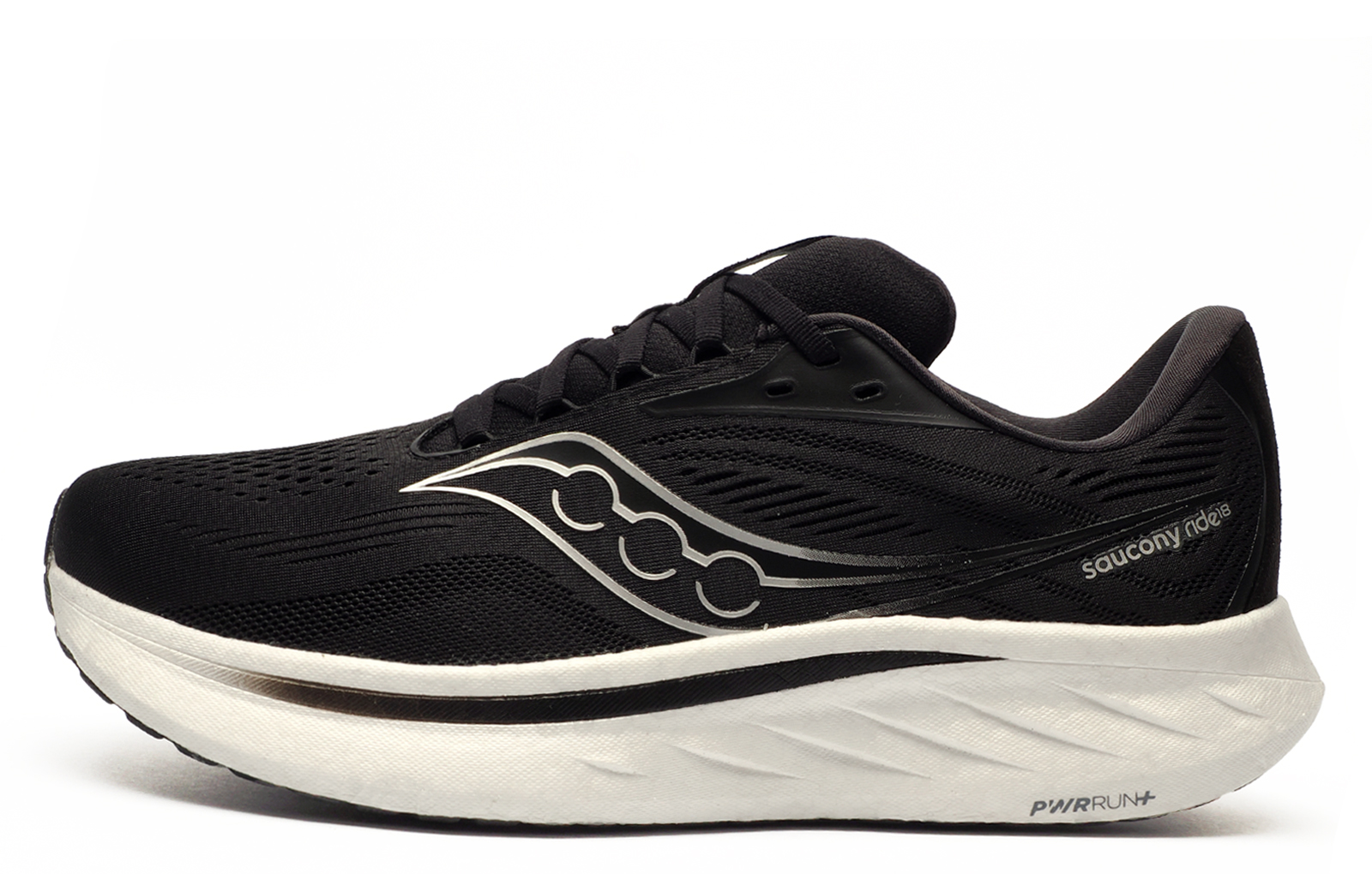 Saucony Ride 18 Womens Running Shoes | Running Trainers  | Black / White  | UK Size 7
