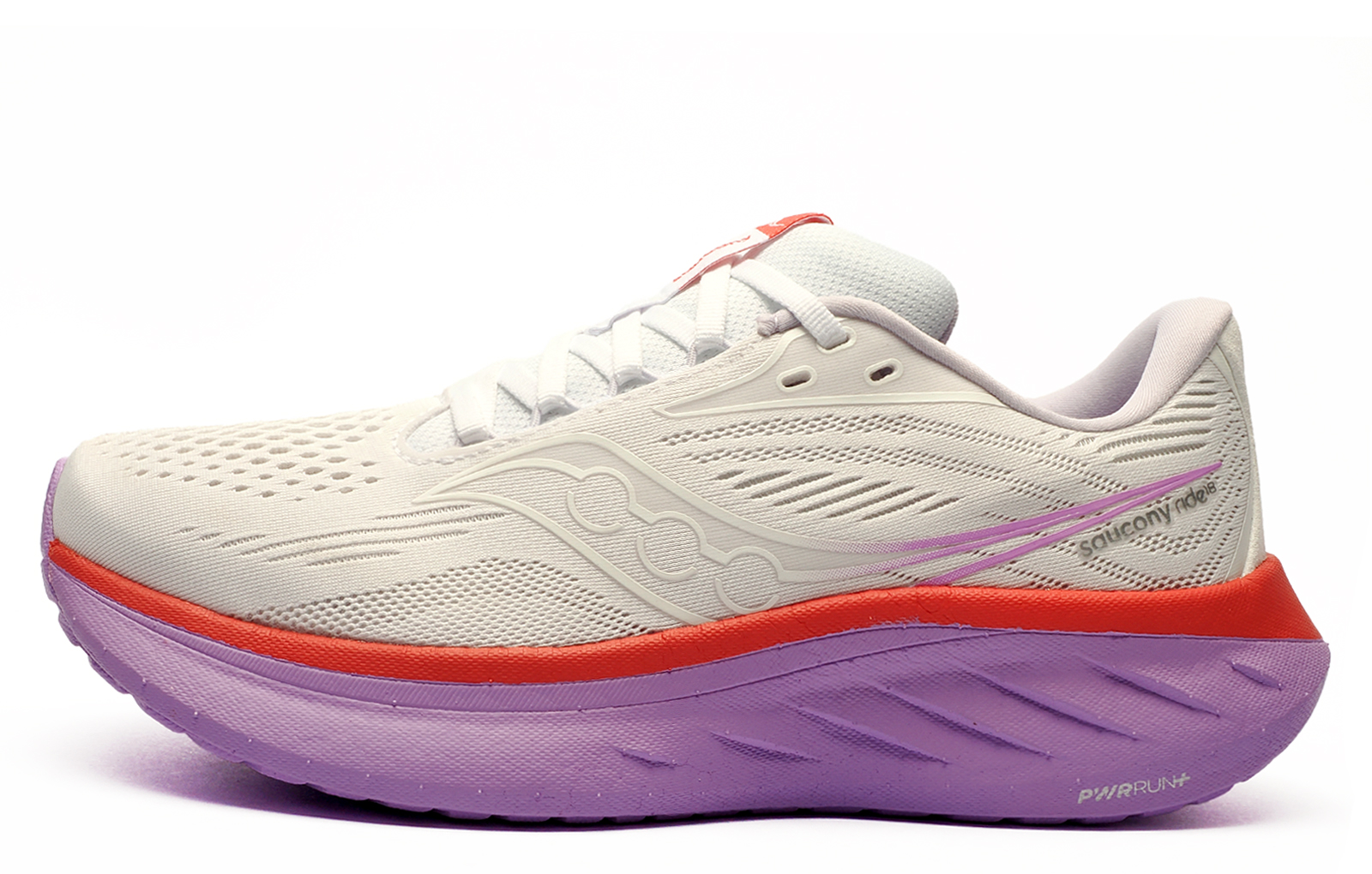 Saucony Ride 18 Womens Running Shoes | Running Trainers  | White / Coral / Purple  | UK Size 6.5